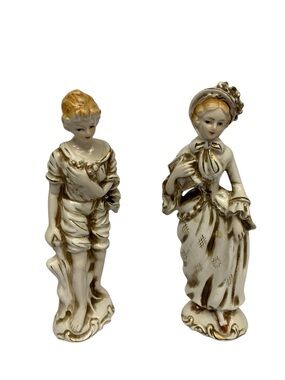 Vintage Ucagco Porcelain Figurines Colonial Couple Cream Gold Trim Japan Pair